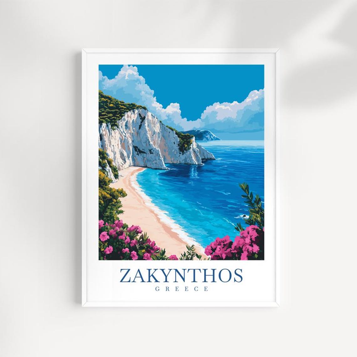 Zakynthos Greece White Cliffs Beach Pink Flowers Travel Poster