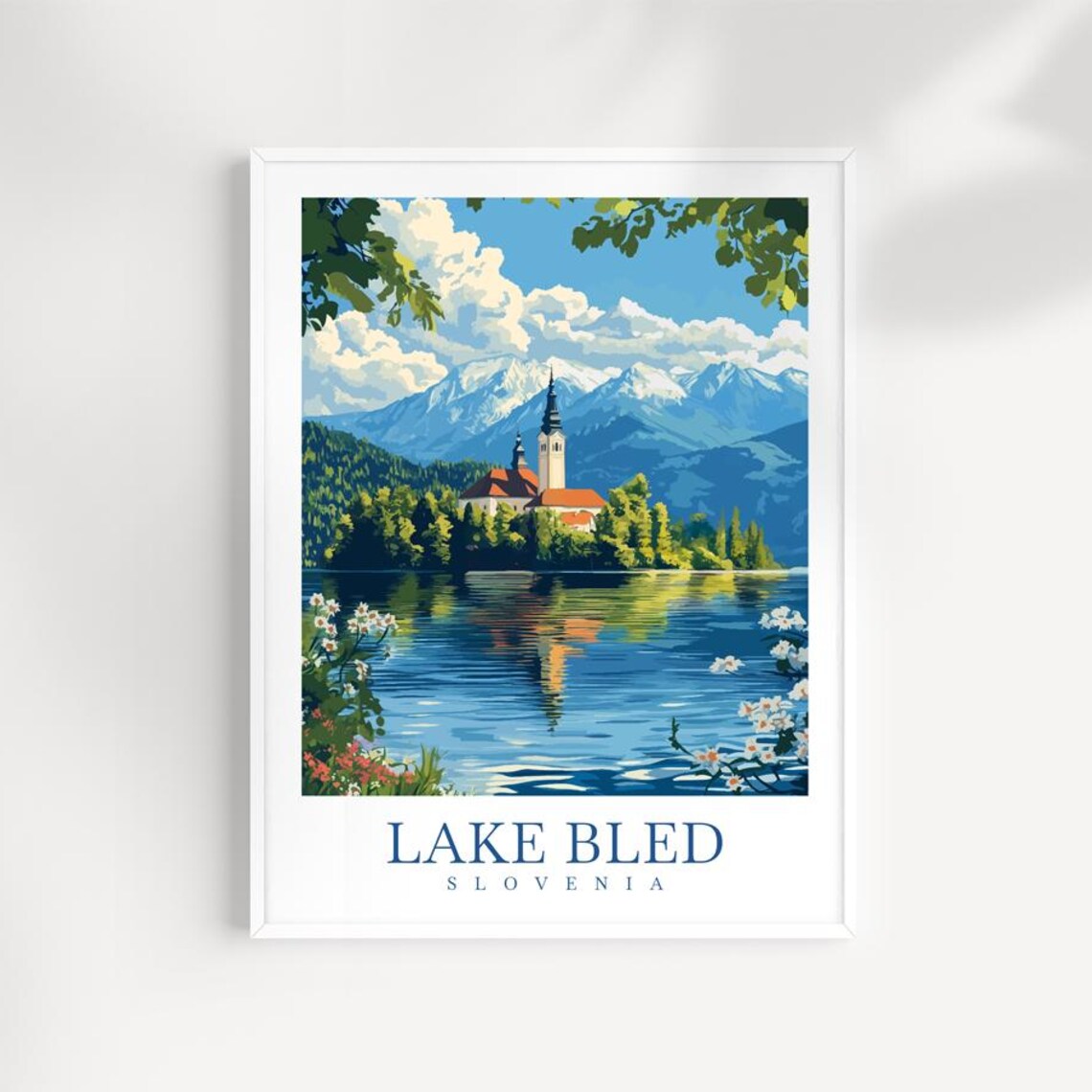Lake Bled Slovenia Island Church Alps Reflection Vintage Travel Poster