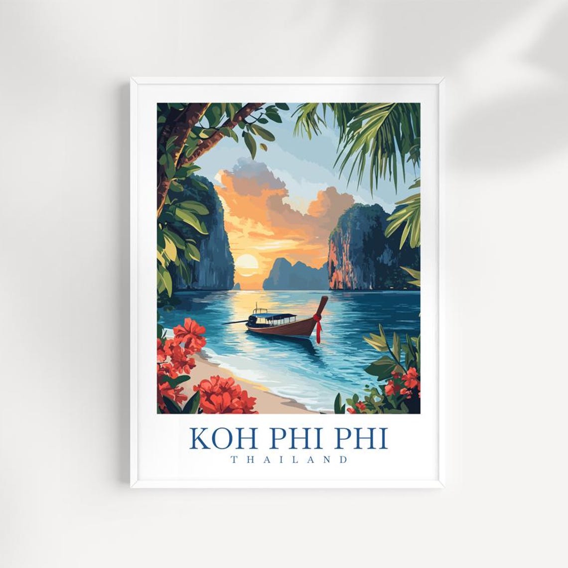 Koh Phi Phi Thailand Longtail Boat Sunset Cliffs Travel Poster