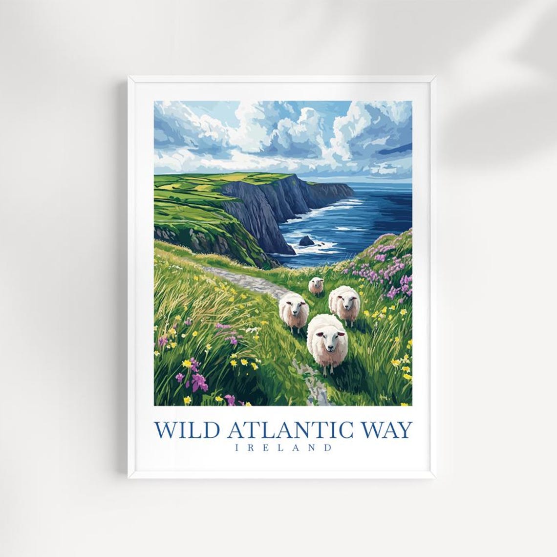 Wild Atlantic Way Ireland Coastal Cliffs Sheep Vintage Travel Poster