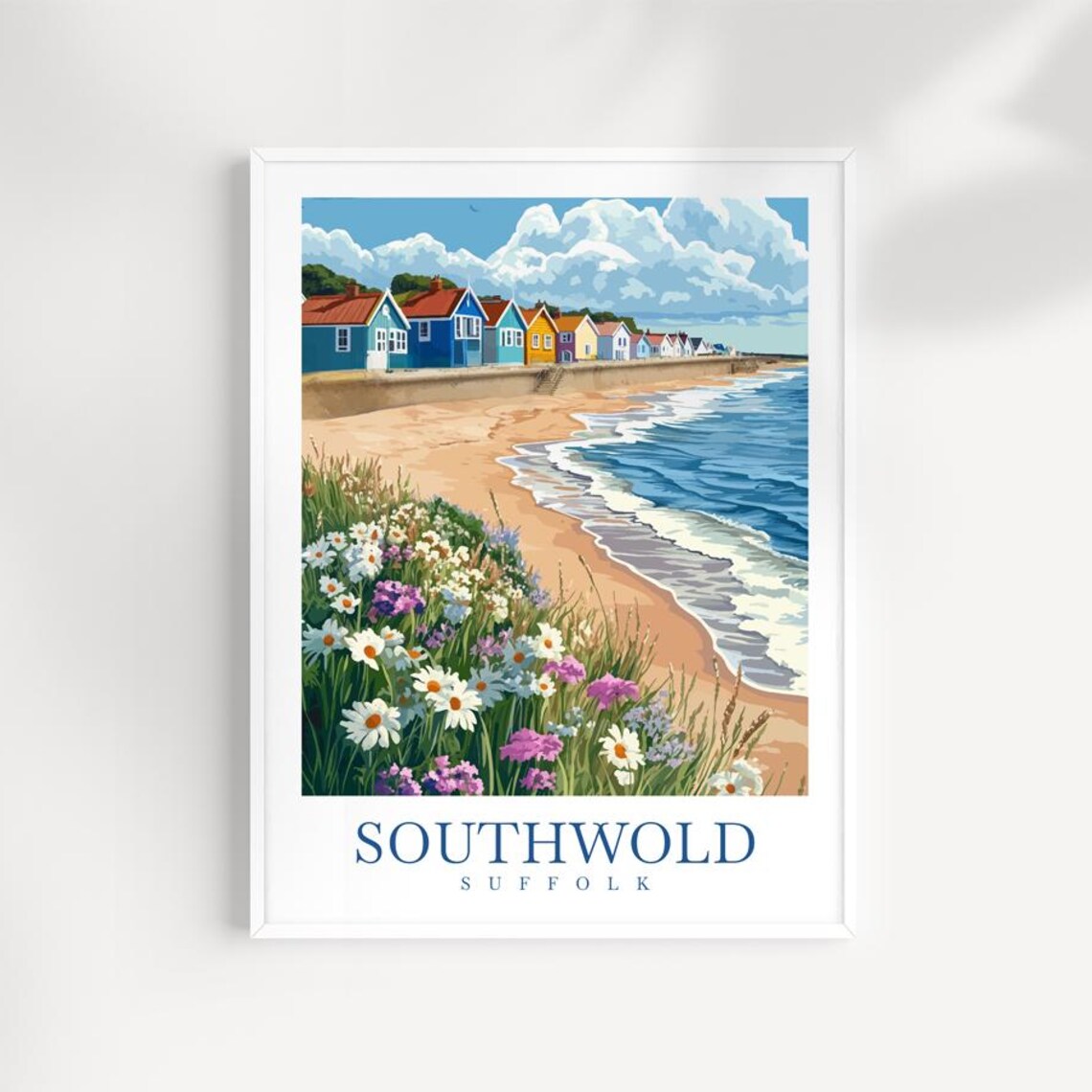 Southwold Suffolk Colorful Beach Huts Illustrated Travel Poster