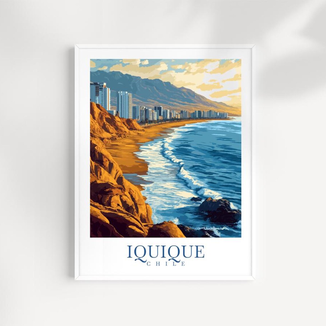 Iquique Chile Coastal City Beach Cliffs Desert Mountains Travel Poster