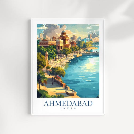 Ahmedabad India Travel Poster, Heritage Skyline Art