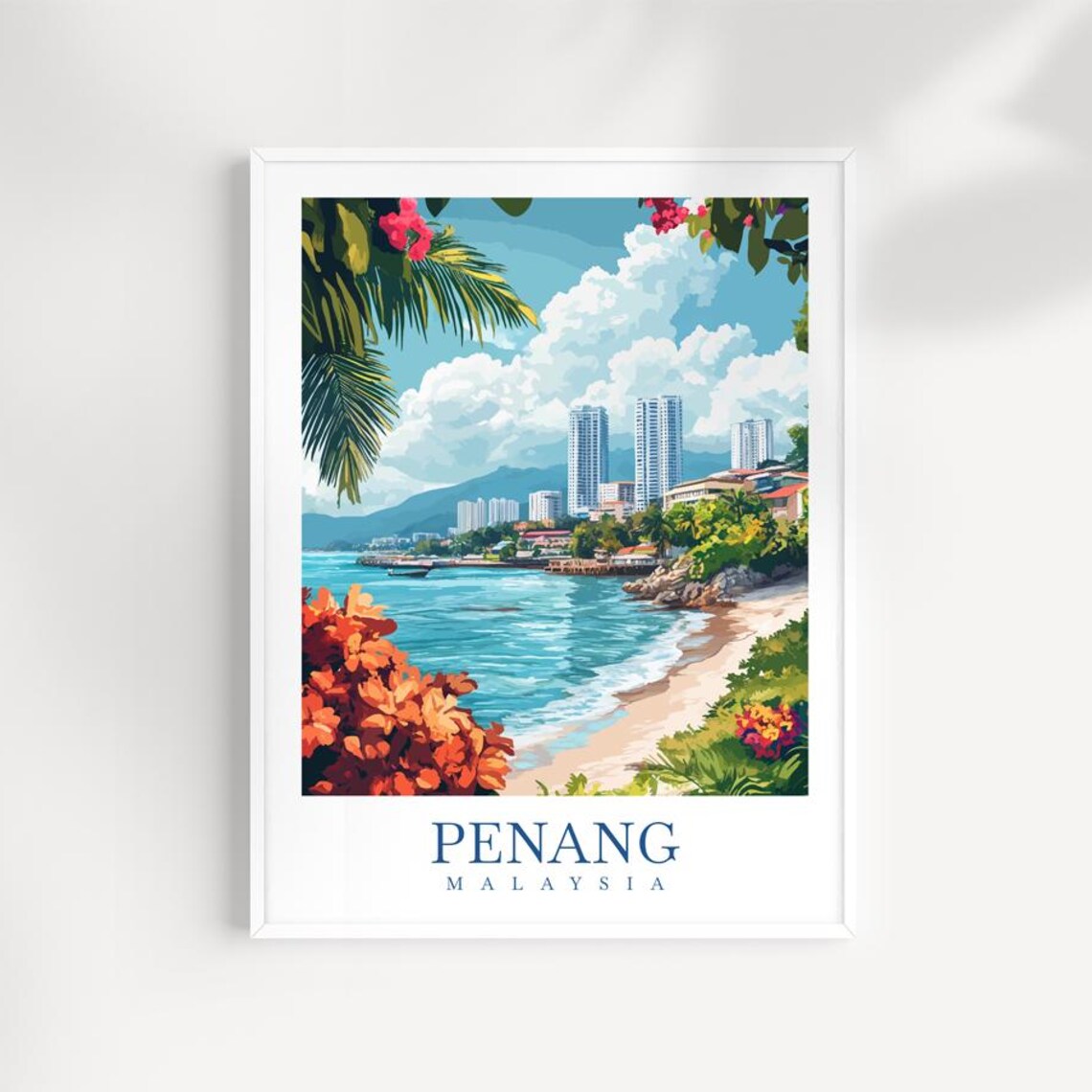 Penang Malaysia Beach City Skyline Hibiscus Palm Trees Tropical Travel Poster