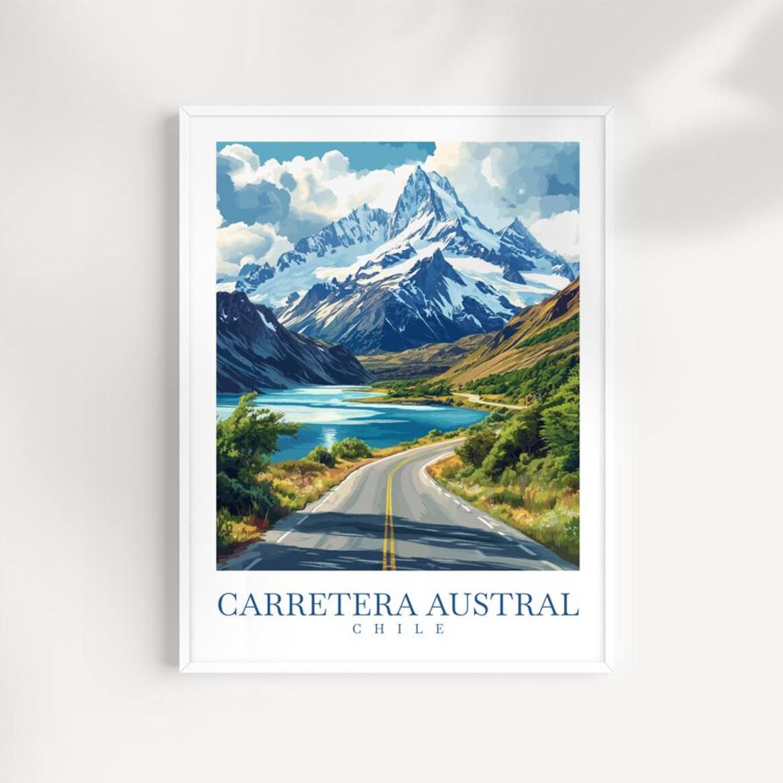 Carretera Austral Chile Patagonia Mountains Lake Road Illustrated Poster