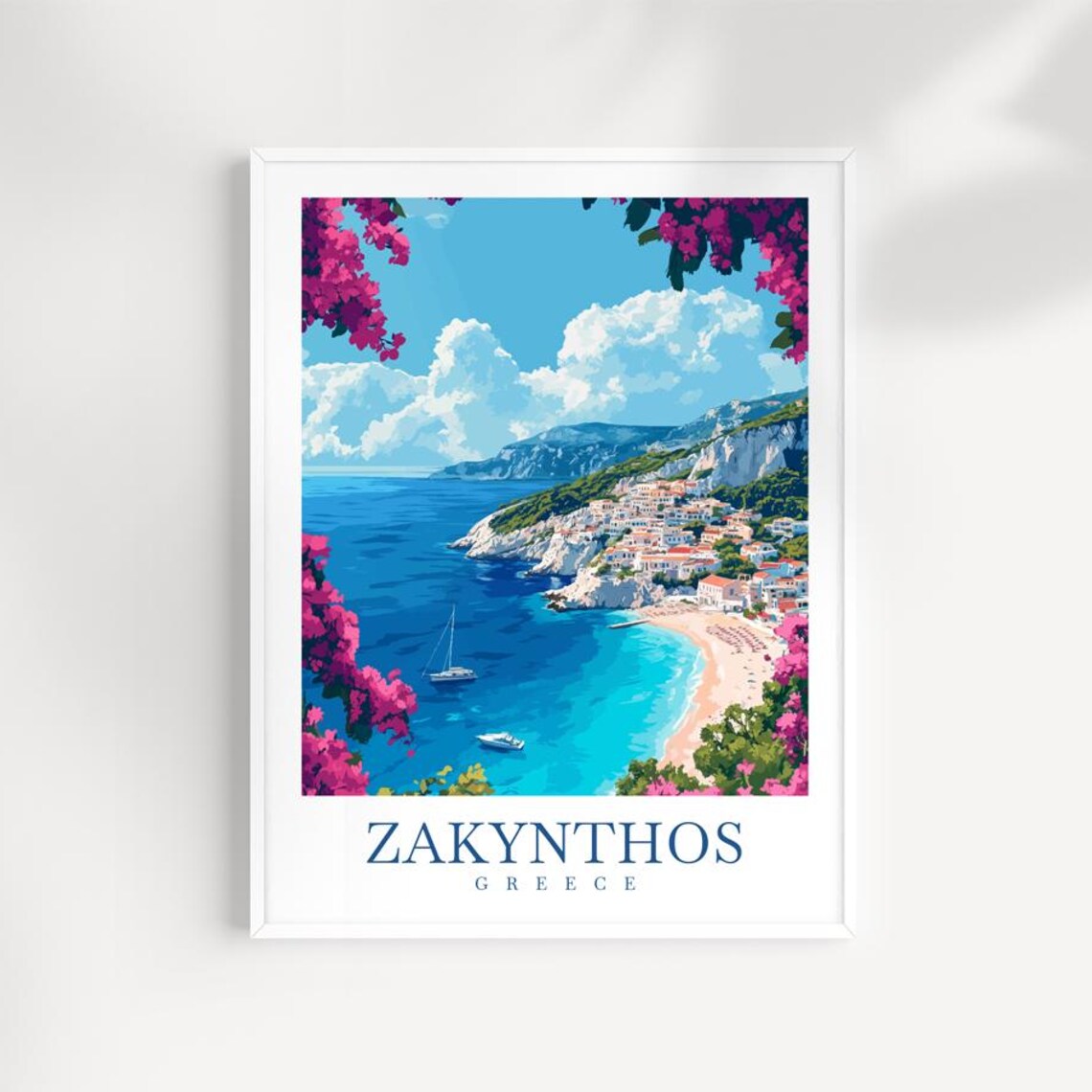 Zakynthos Greece Coastal Town Harbor Sailboats Travel Poster
