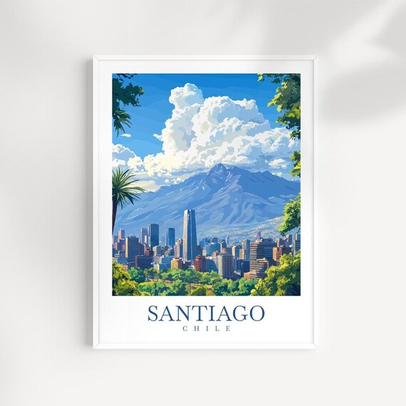 Santiago Chile Travel Print Illustrated Cityscape Andes Mountains