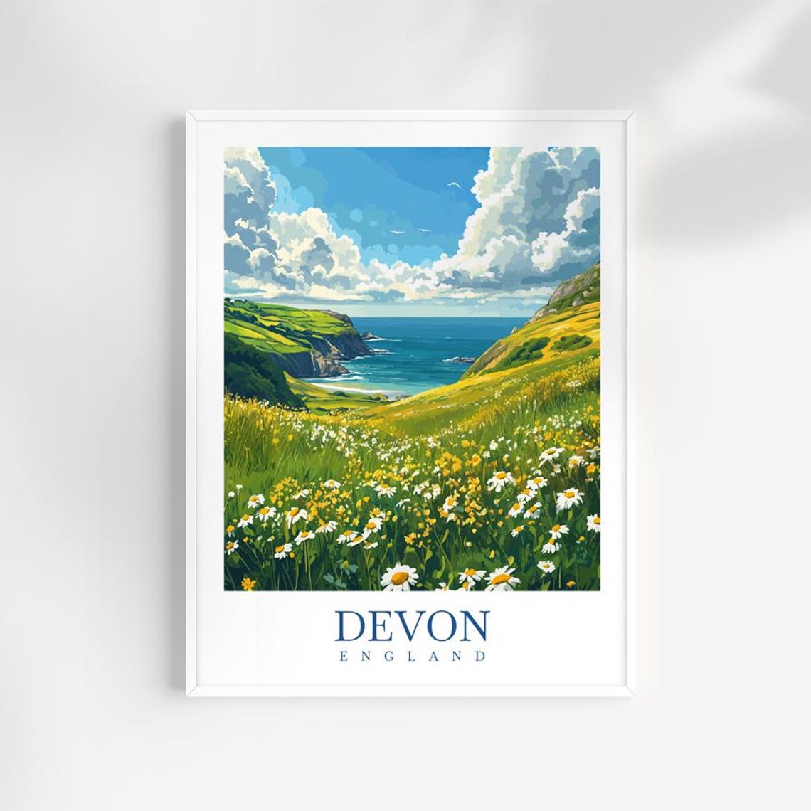 Devon England Coastal Cliffs Wildflower Meadow Travel Poster