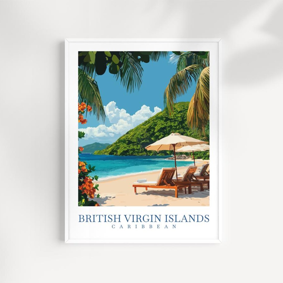 British Virgin Islands Caribbean Travel Poster with Loungers and Umbrella