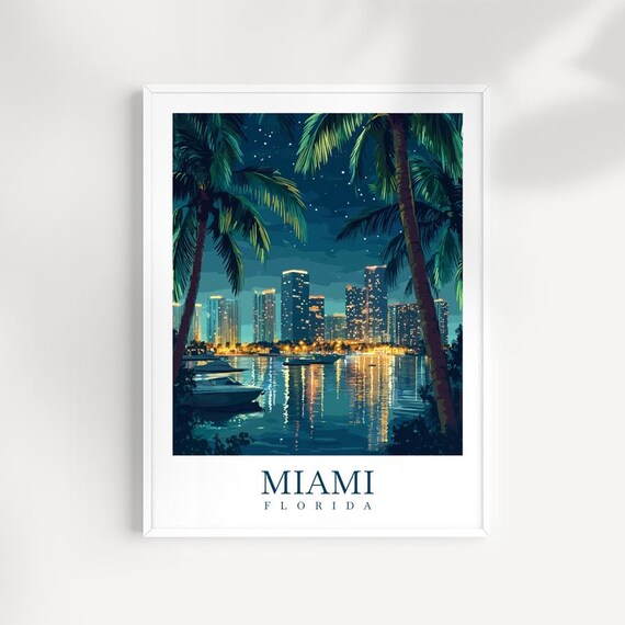 Miami Night Skyline Print Florida City Lights Wall Art Tropical Travel Decor