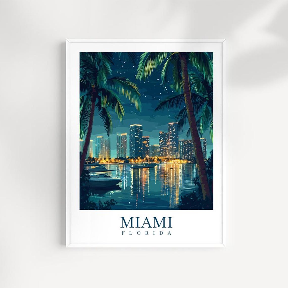 Miami Florida Night Skyline Palm Trees Waterfront Illustrated Poster