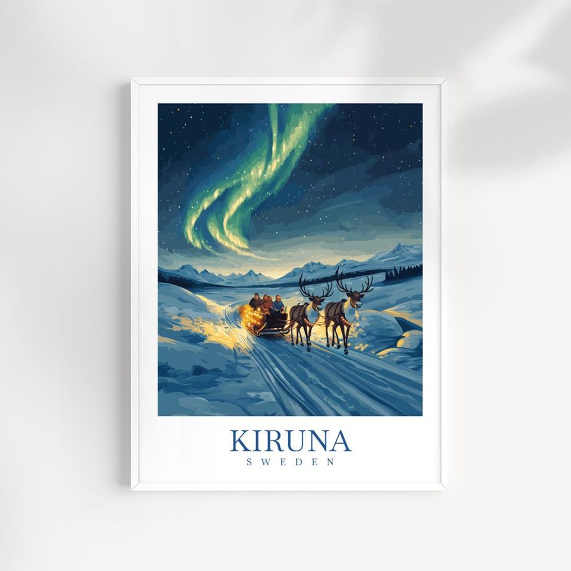 Kiruna Sweden Reindeer Sled Under Aurora Borealis Travel Poster