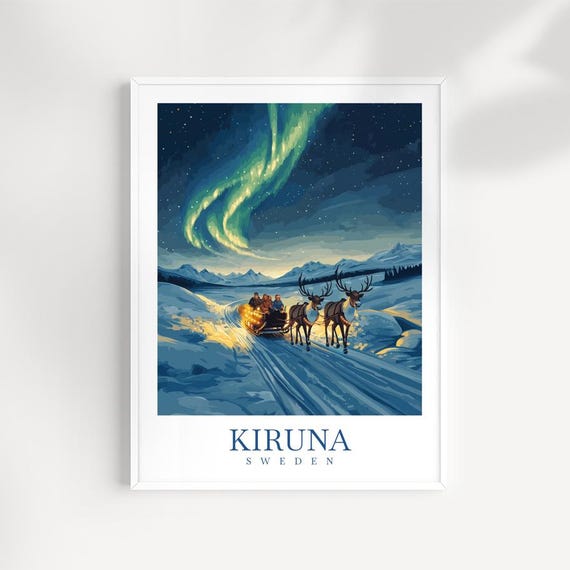 Kiruna Sweden Wall Art Print Arctic Town Illustration Northern Lights Poster Nordic Travel Decor