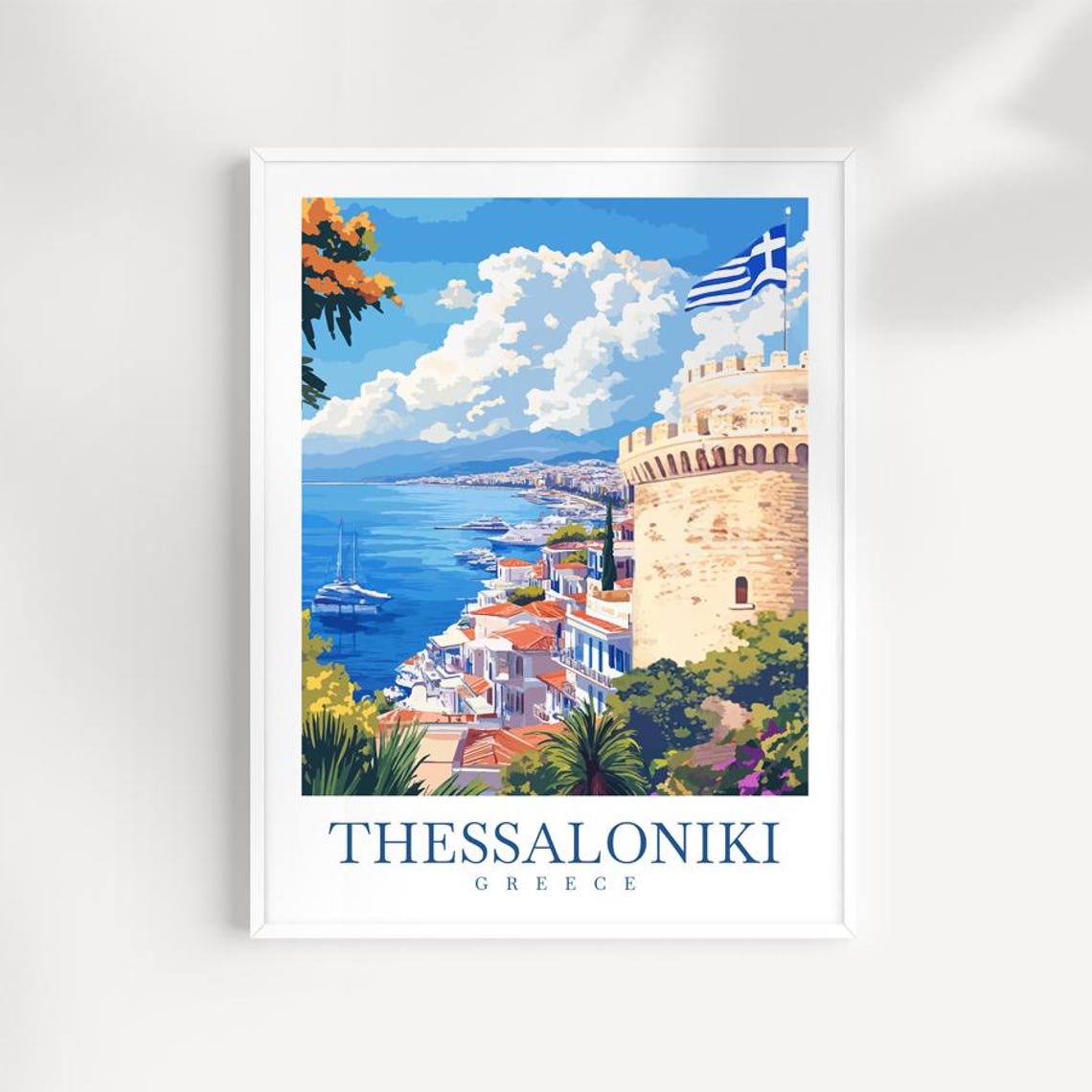 Thessaloniki Greece White Tower Waterfront Flag Travel Poster