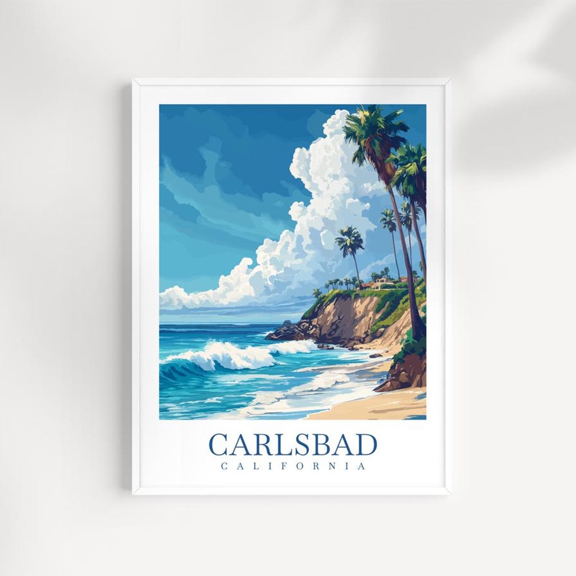 Carlsbad California Coastal Cliffs Palm Trees Illustrated Poster