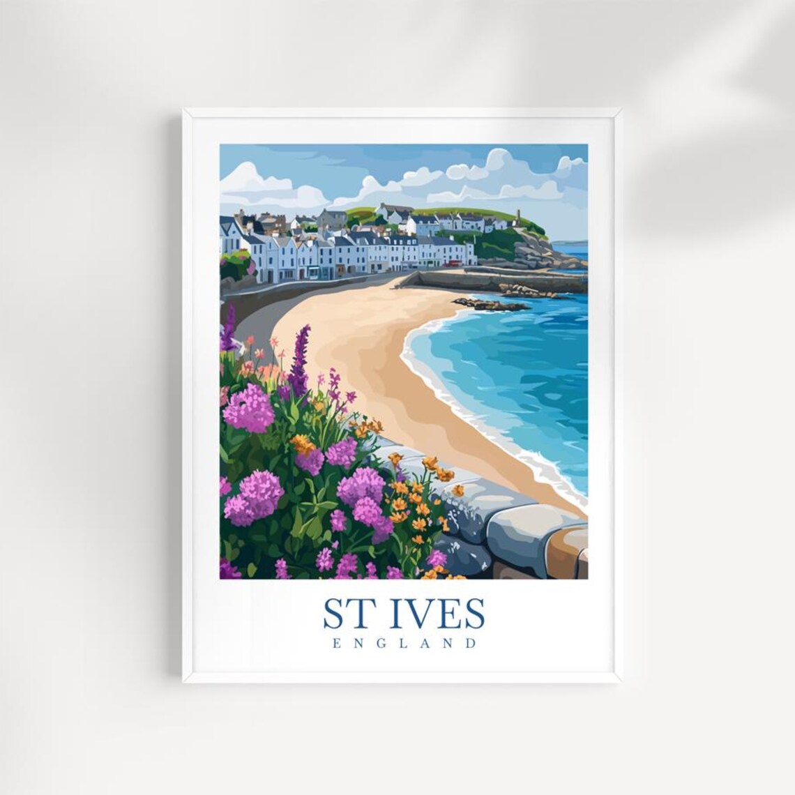 St Ives England Sandy Beach Wildflowers Vintage Travel Poster