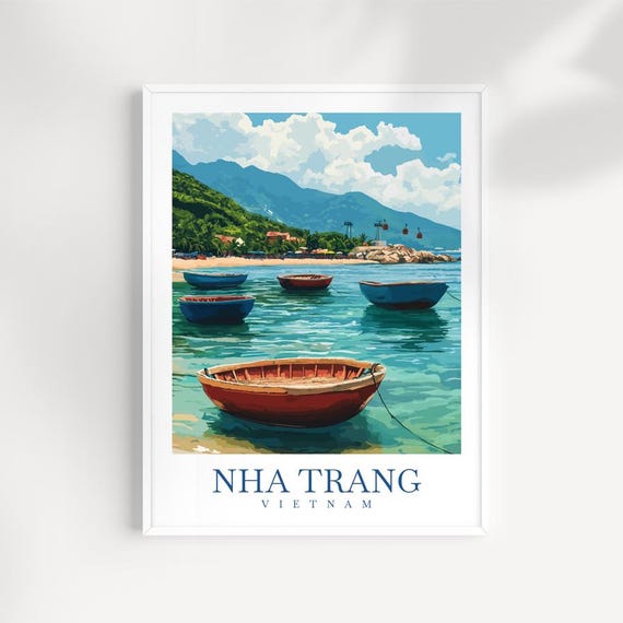 Nha Trang Vietnam Coastal Print Fishing Boats Beach Landscape Art