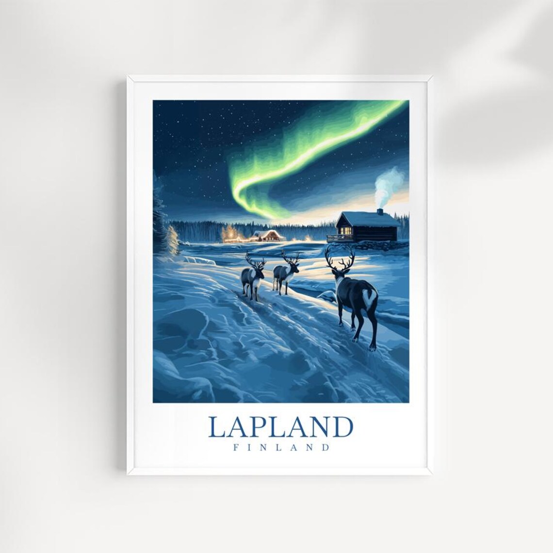 Lapland Finland Northern Lights Aurora Reindeer Snow Night Poster