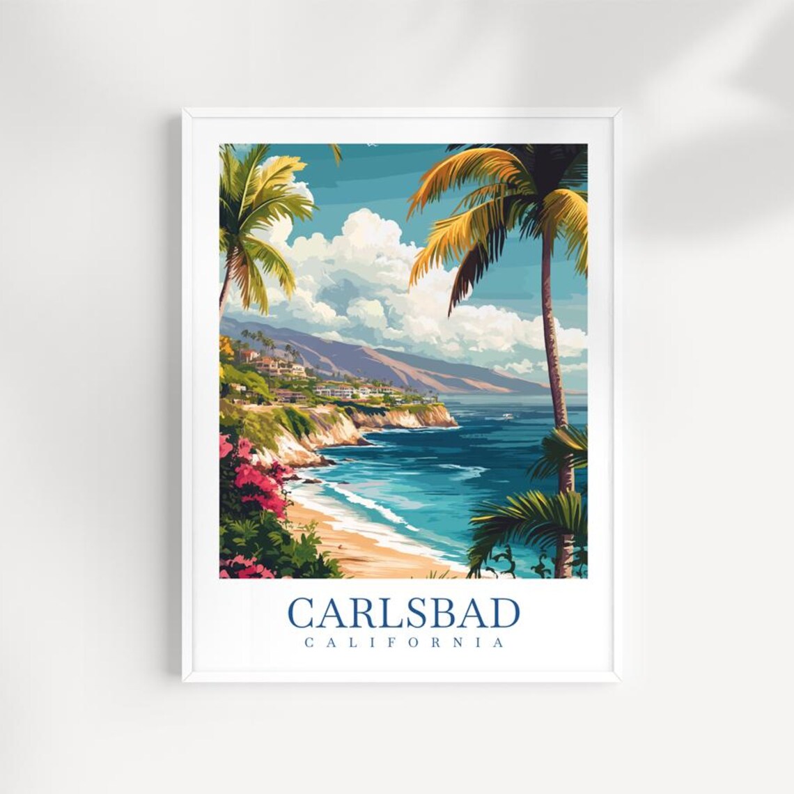 Carlsbad California Palm Beach Cliffs Ocean Illustrated Poster