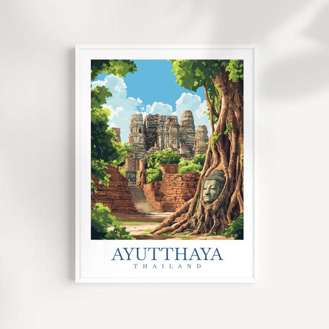 Ayutthaya Thailand Buddha Head In Bodhi Tree Ancient Ruins Travel Poster
