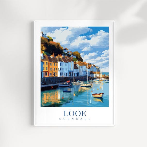 Looe Cornwall Wall Art Print Coastal Town Illustration Seaside Landscape Poster Uk Travel Decor