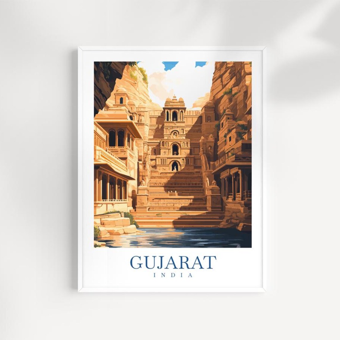 Gujarat India Stepwell Temple Desert Architecture Ancient Carving Travel Poster
