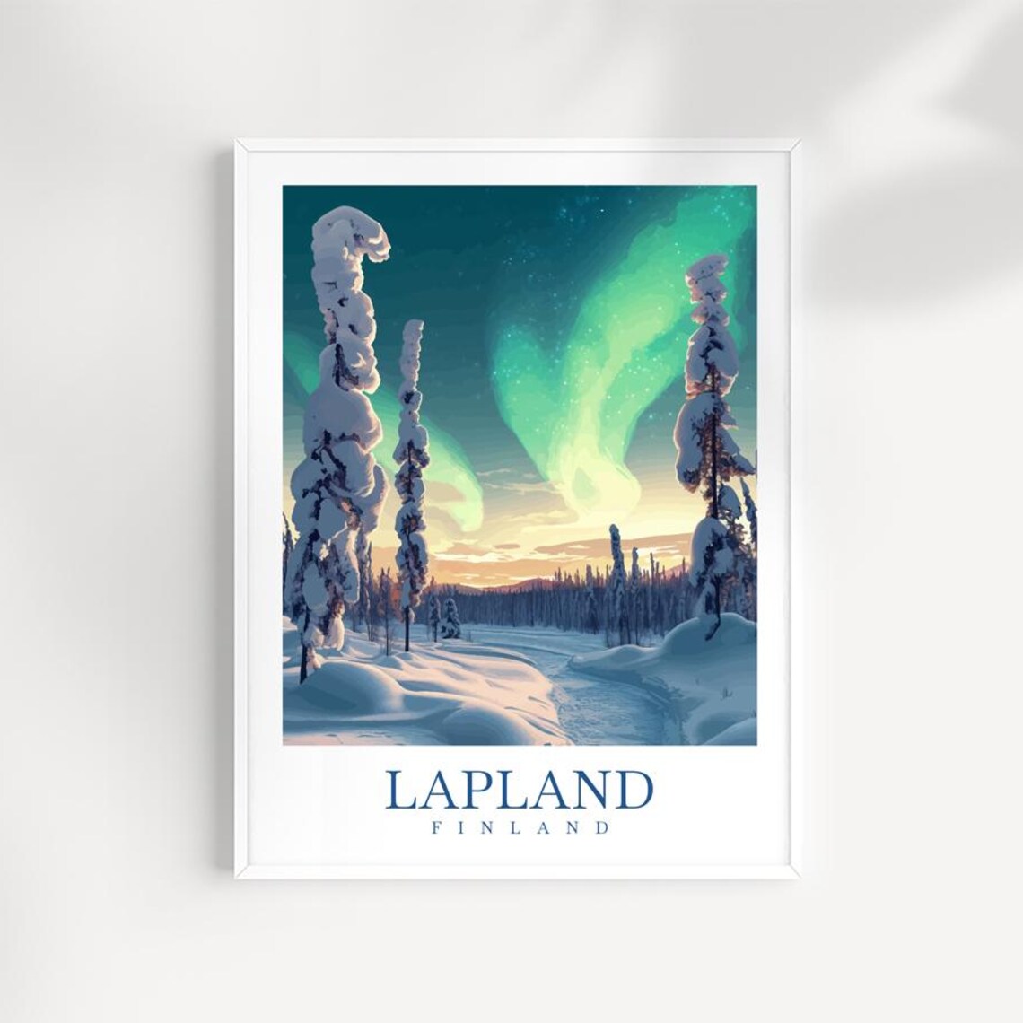 Lapland Finland Northern Lights Snowy Forest Winter Travel Poster