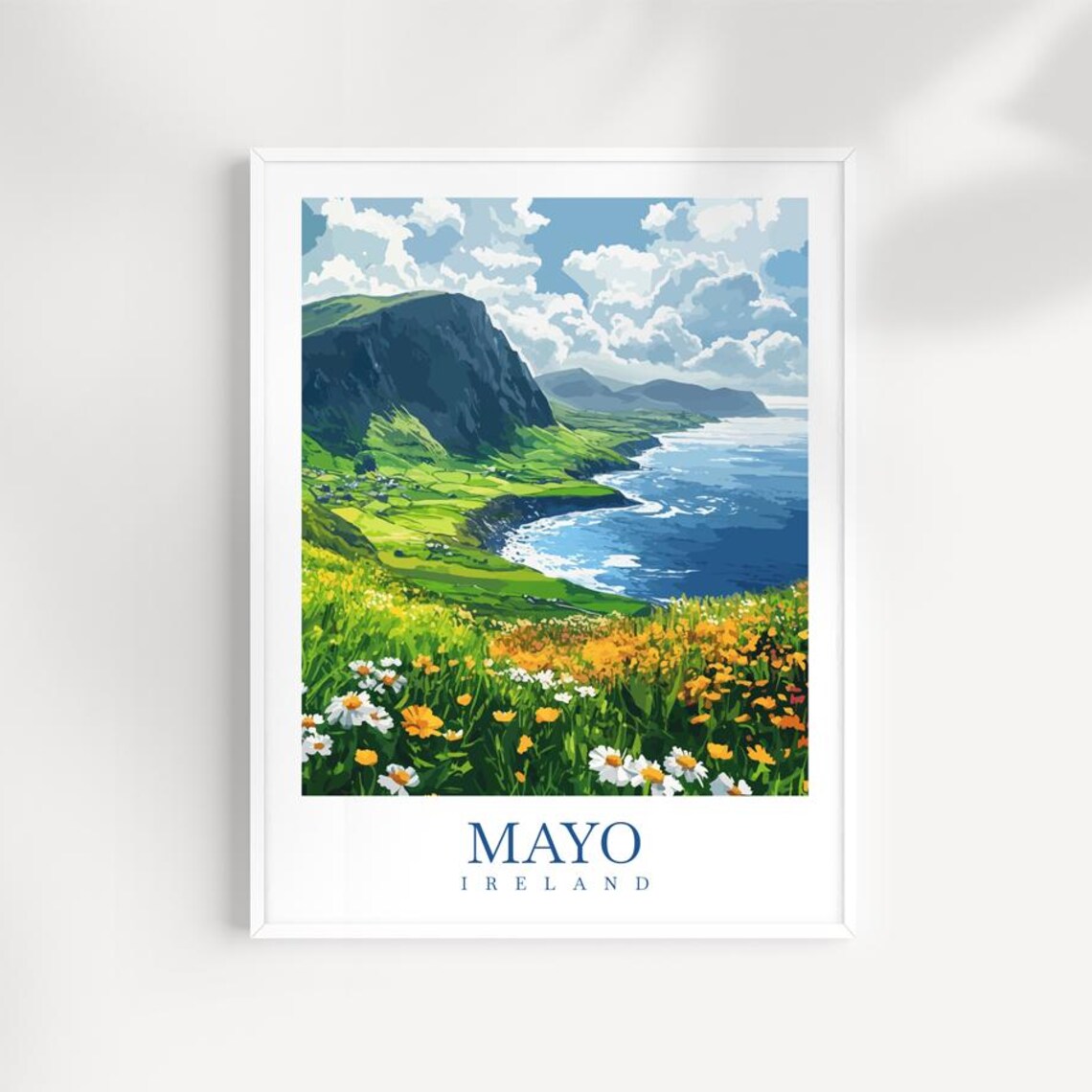 County Mayo Ireland Coastal Cliffs Travel Poster With Wildflower Meadow