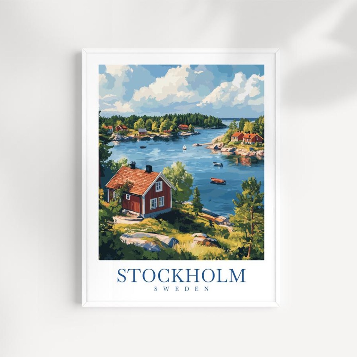 Stockholm Sweden Archipelago Coastal Red Cottages Travel Poster