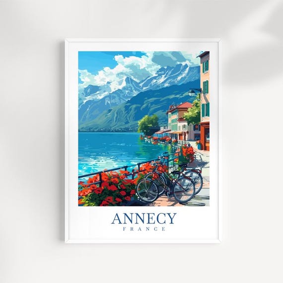 Annecy Travel Print French Alps Lake Landscape Illustration