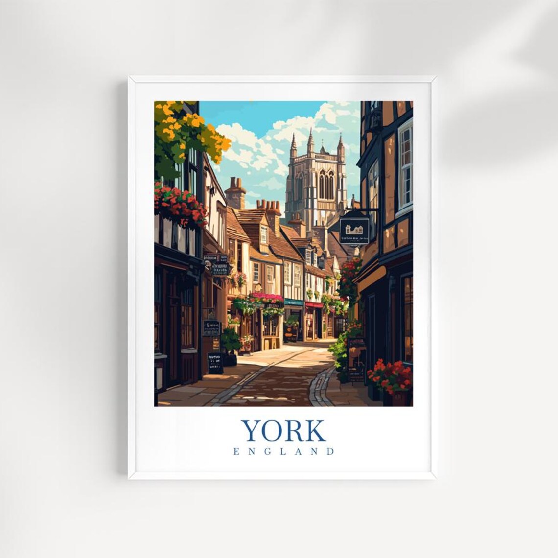 York England Medieval Street Timber Shops Minster Illustrated Travel Poster