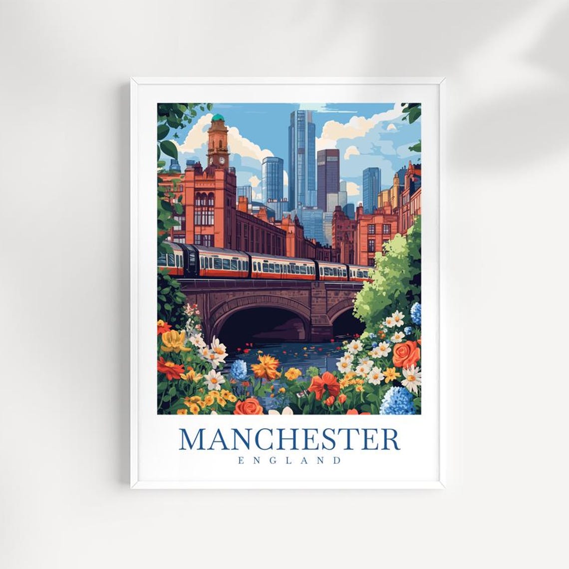 Manchester England Train Viaduct Skyline Flowers Travel Poster