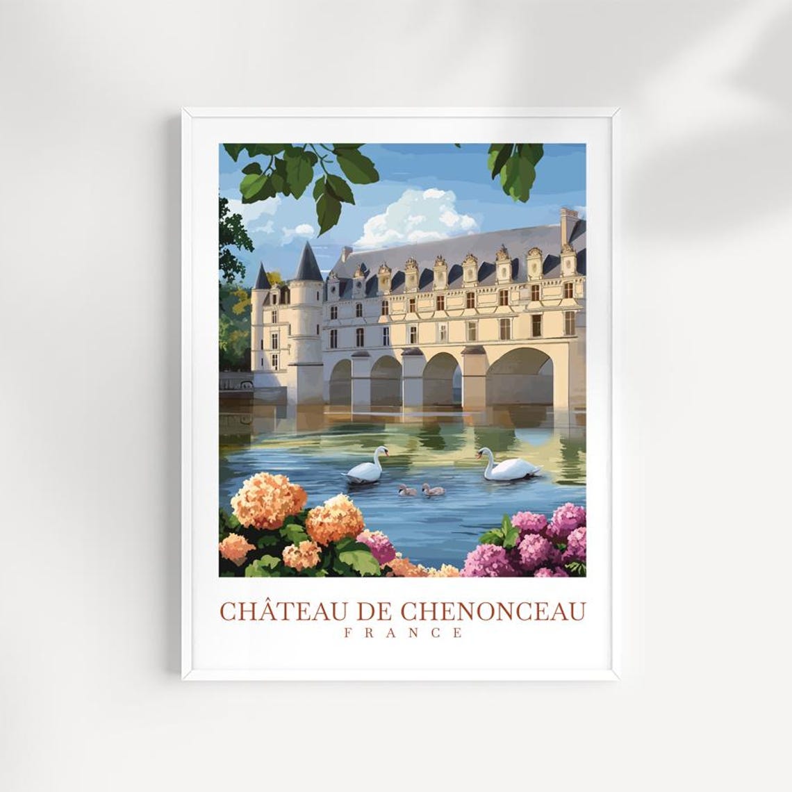Chateau de Chenonceau France Swans River Loire Valley Travel Poster