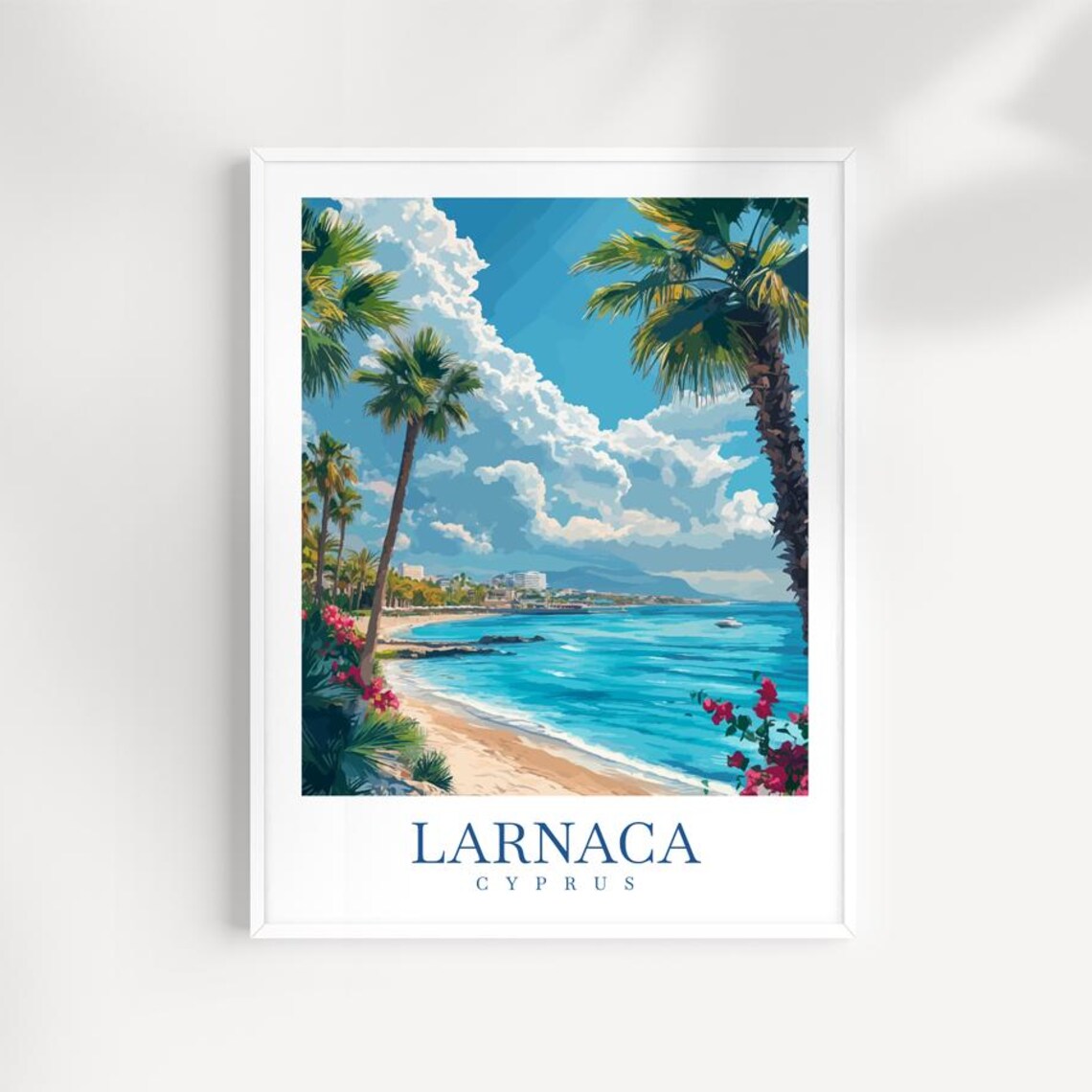 Larnaca Cyprus Palm Beach Turquoise Sea Bougainvillea Travel Poster