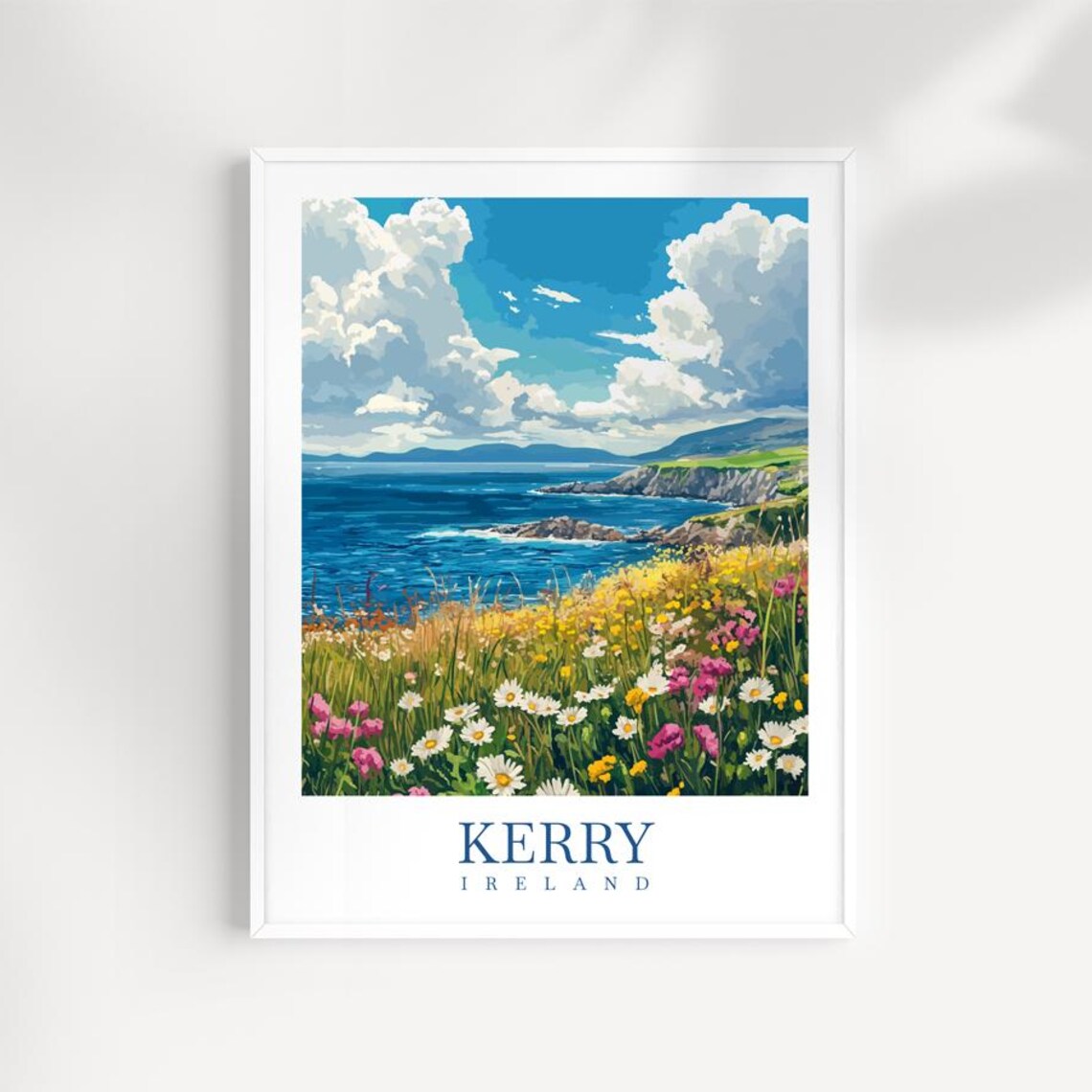 County Kerry Ireland Coastal Landscape Travel Poster With Daisy Field