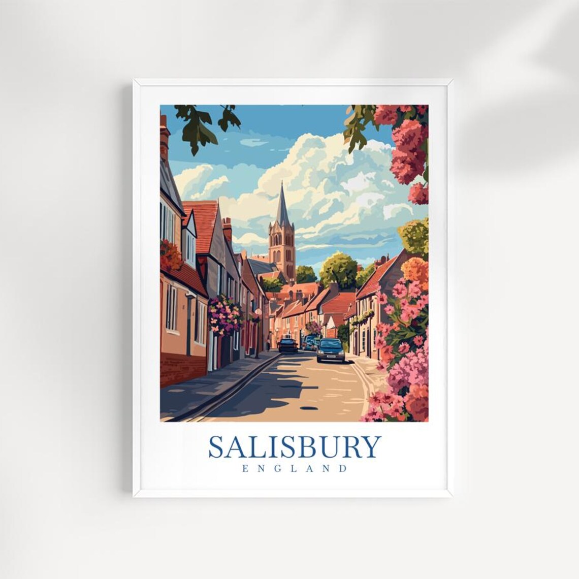 Salisbury England Cathedral Spire Blossom Street Travel Poster