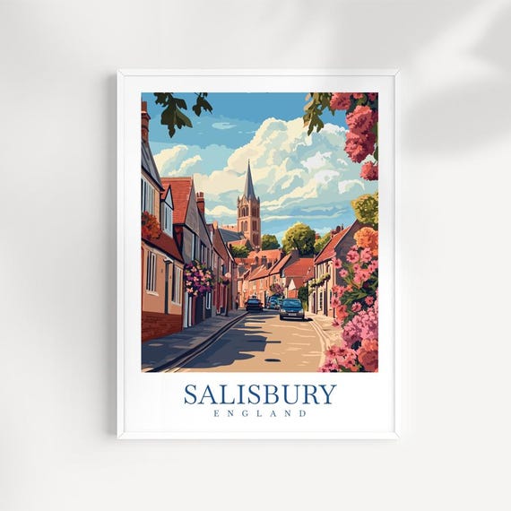 Salisbury England Wall Art Print Cathedral Illustration Historic City Poster English Travel Decor