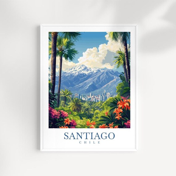 Santiago Chile Print Illustrated Cityscape Andes Mountains