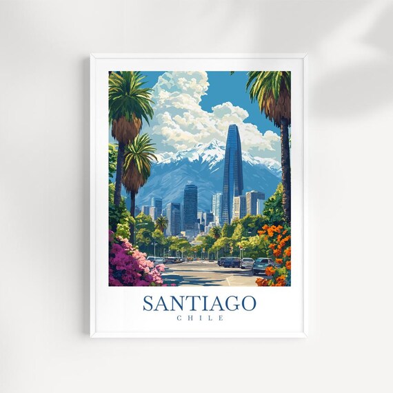 Santiago Chile Print Illustrated Cityscape Andes Mountains