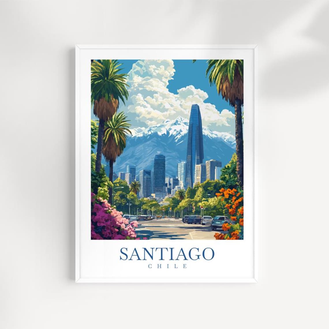 Santiago Chile Skyline Snowy Andes Palms Cityscape Travel Poster