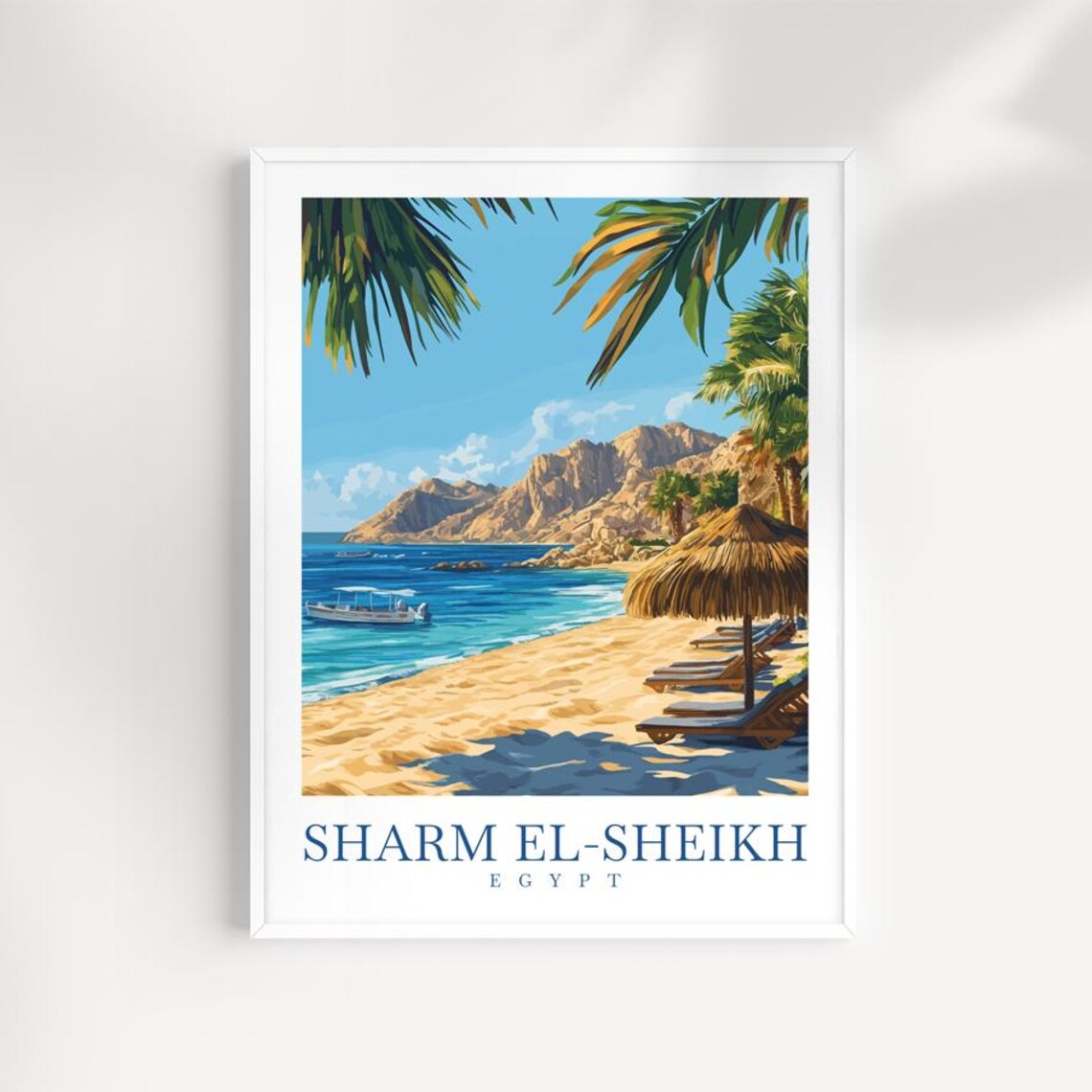 Sharm El Sheikh Egypt Sandy Beach Boats Vintage Travel Poster