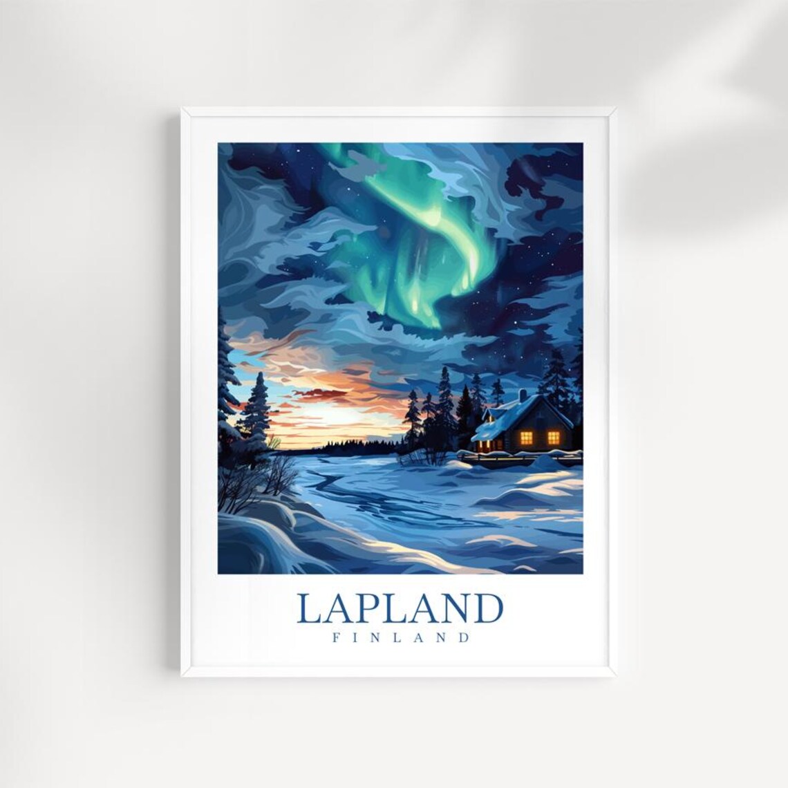 Lapland Finland Northern Lights Over Snowy Cabin Winter Travel Poster