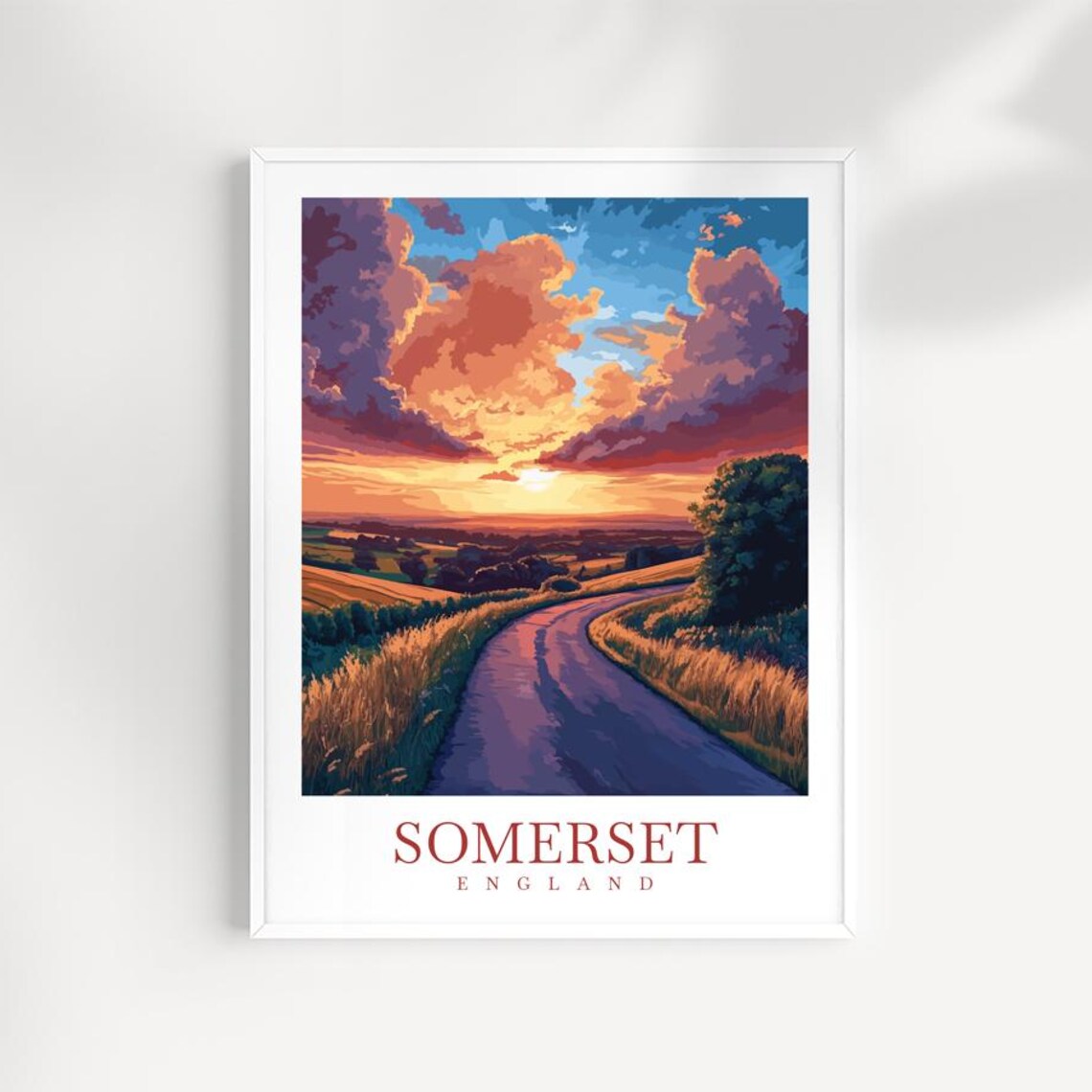 Somerset England Sunset Country Road Golden Fields Travel Poster