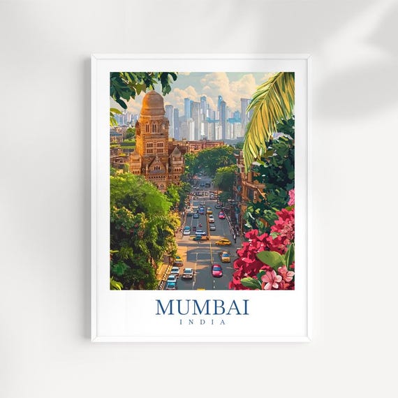Mumbai India Travel Print Coastal Cityscape Illustration