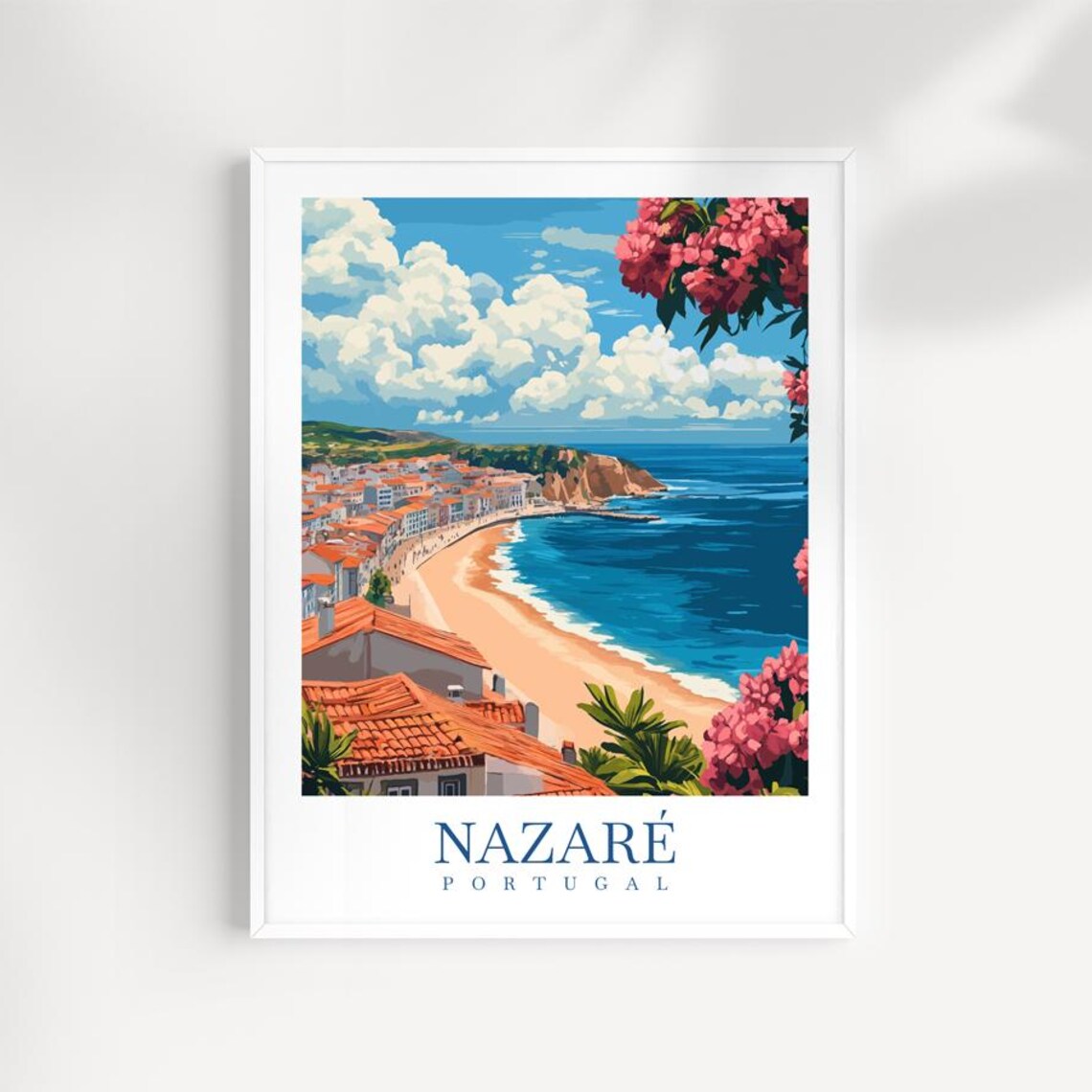 Nazare Portugal Beach Cliffs Flowers Coastal Town Travel Poster