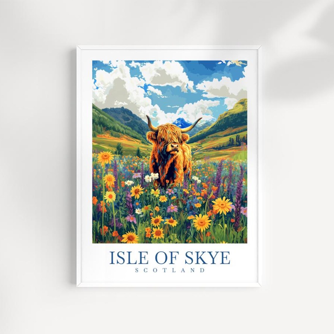 Isle of Skye Highland Cow Wildflowers Scotland Travel Poster