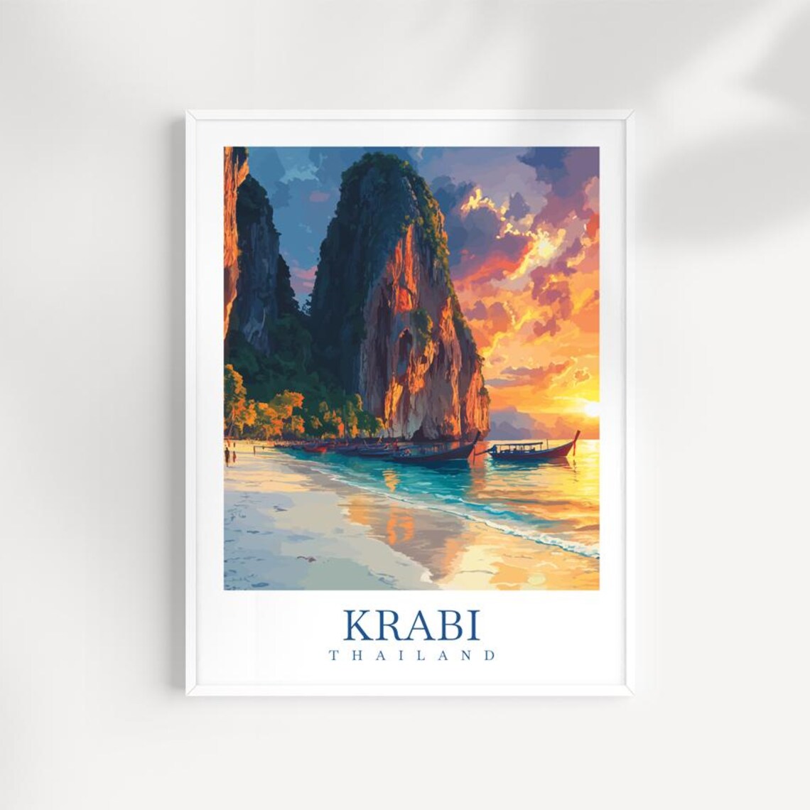 Krabi Thailand Sunset Beach Longtail Boat Limestone Cliffs Travel Poster