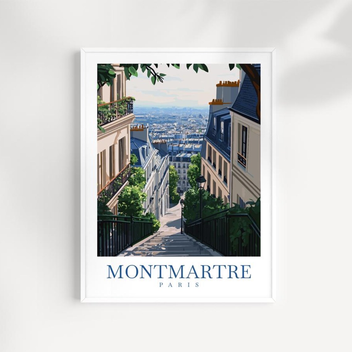 Montmartre Paris Stone Staircase City View Rooftops Vintage Travel Print