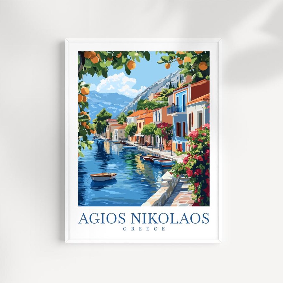 Agios Nikolaos Greece Orange Trees Waterfront Travel Art Poster