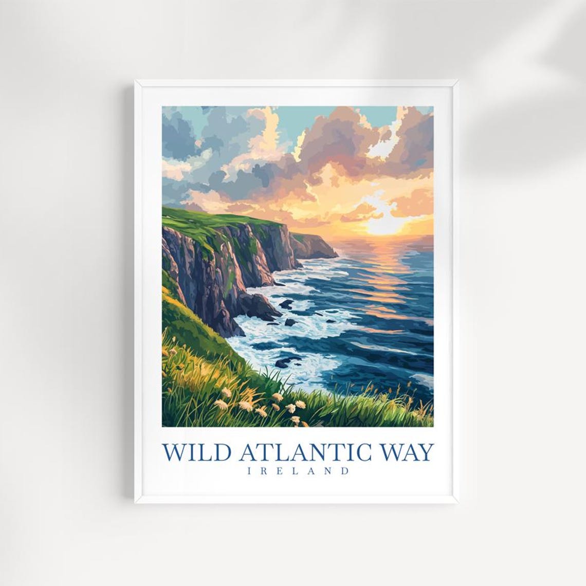 Wild Atlantic Way Ireland Sunset Cliffs Travel Poster Over Ocean Waves